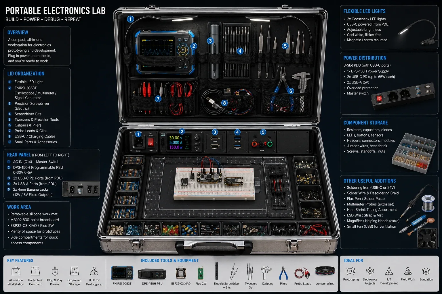 An AI-generated diagram of an open aluminium case fitted out as an electronics lab, with labelled callouts for a rack of instruments, tools held in the lid, and component trays