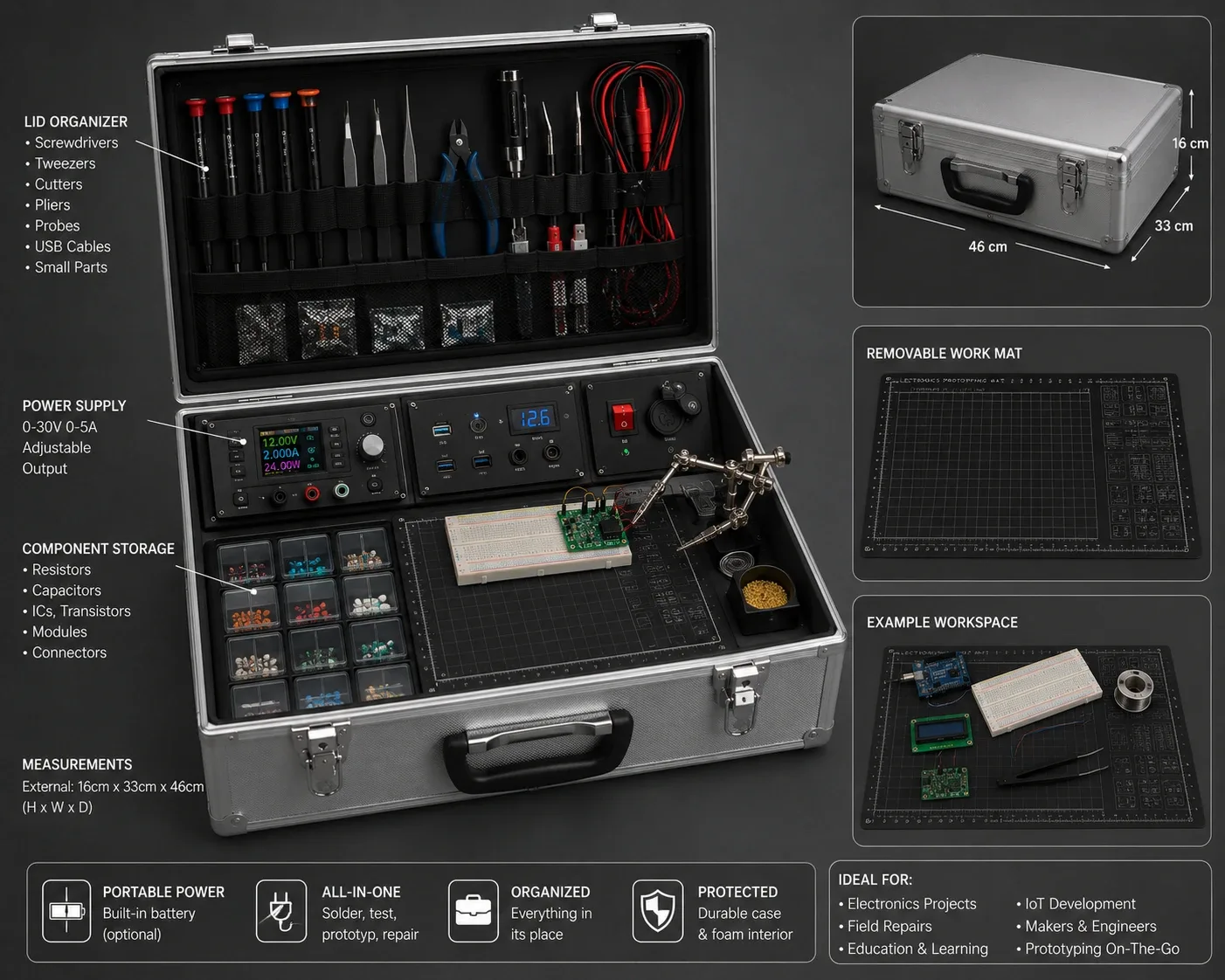A second AI-generated concept image of the same idea, showing a power supply and USB ports across the back of the case and component boxes beside a breadboard